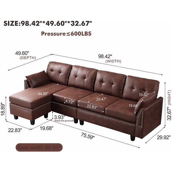 OVIOS High Back Couch Midcentury Suede Leather Wood Legs Chaise Sofa