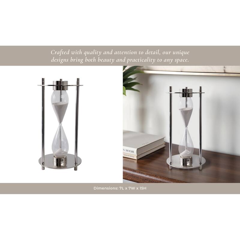 Modern Metal and Glass Hourglass Timer with Frame and Built-In Compass