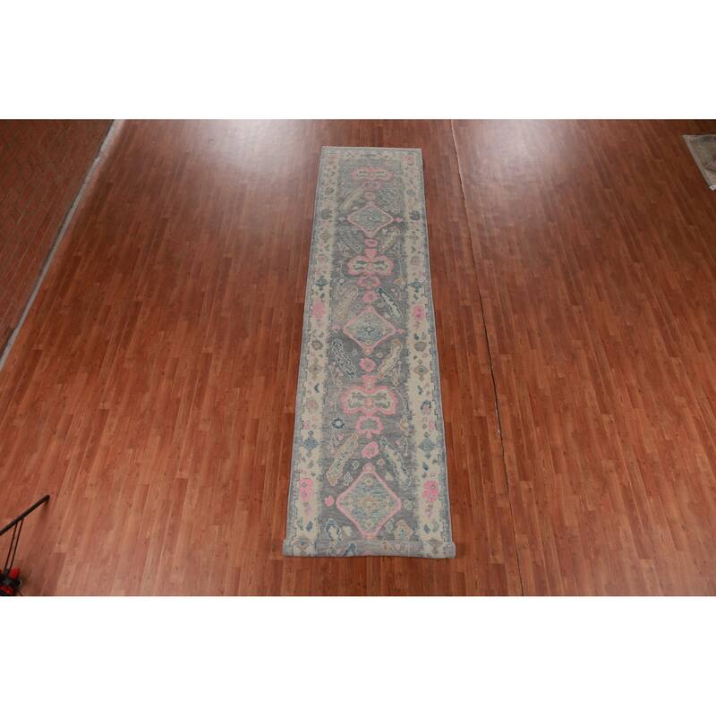 Hand Knotted Oriental 100% Wool Carpet Transitional Geometric Greys & Charcoal Oushak Runner Rug - 16' 1'' X 3' 5''