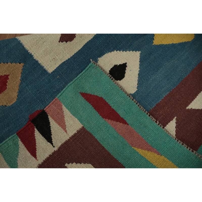 Hand Woven Oriental 100% Wool Carpet Southwestern Modern Green Kilim Area Rug - 11' 11'' X 5' 0''
