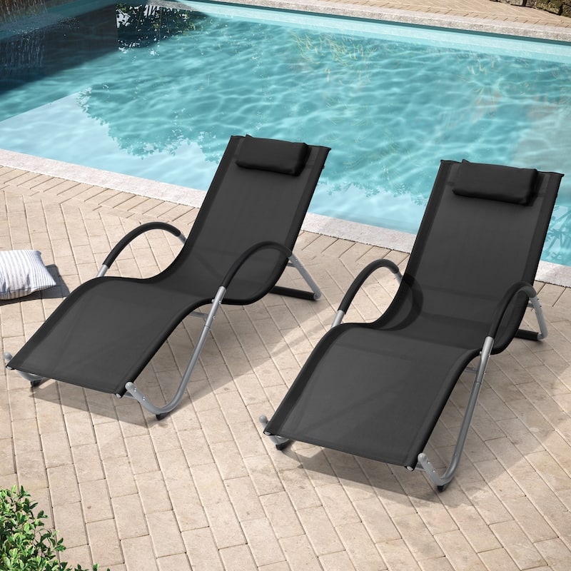 Pellebant Outdoor Patio Chaise Lounge Chairs with Headrest - Black - 2PC