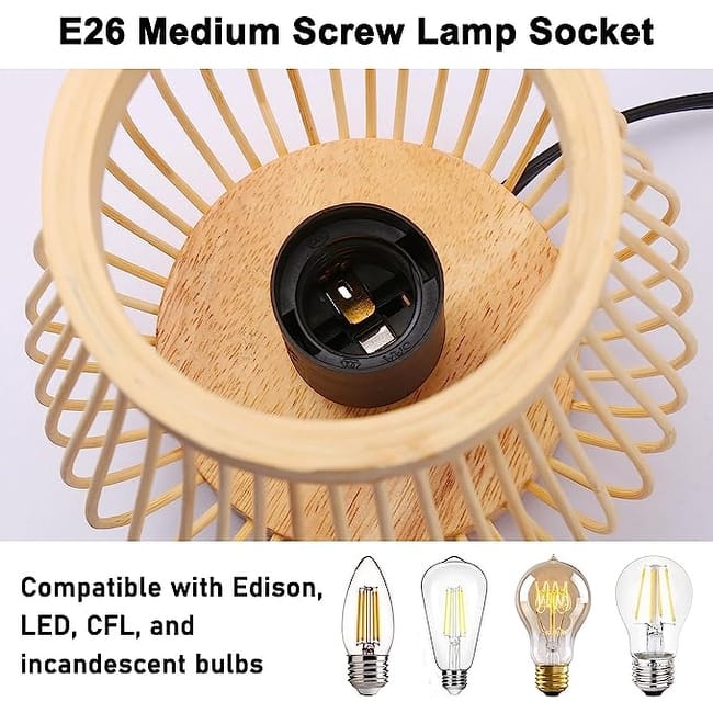 Farmhouse Natural Bamboo Rattan Table Lamp, Boho Handmade Woven Round Lampshade Nightlight, Industrial Desk Light for Bedroom