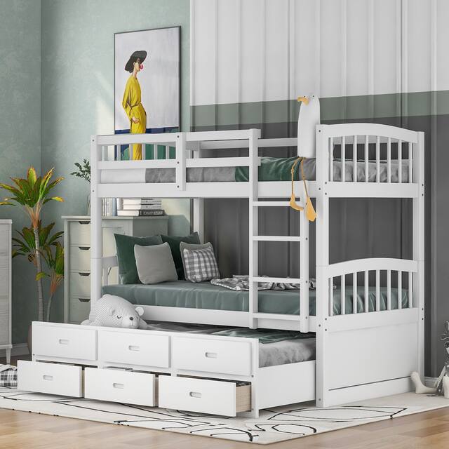Contemporary Casual Style Twin over Twin Wood Bunk Bed with Trundle and Drawers, with High-quality Solid Wood for Bedroom - White