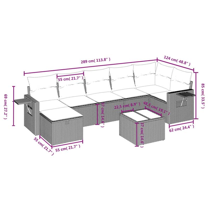 vidaXL Patio Sofa Set with Cushions Outdoor Conversation Furniture Poly Rattan - 24.4" x 24.4" x 27.2"