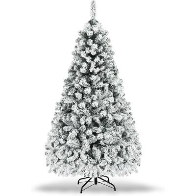 Pre-Lit Christmas Tree, Snow Flocked Hinged Xmas Tree with LED Lights