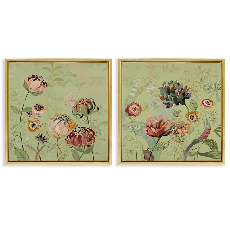 Stupell Chrysanthemums on Olive Green Framed Floater Canvas Wall Art Design By Dusza (Set of 2) - 18 x 18 - Gold