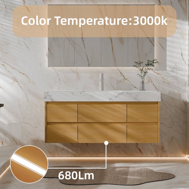 Modland 48" Wall-Mount Bathroom Vanity with 6 Soft-Close Drawers, LED Lighting & Marble Top - 48 inch