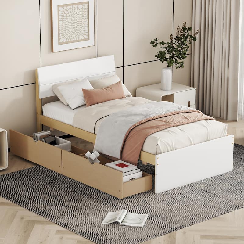 Modern Twin Bed Frame with 2 Drawers, High Gloss Headboard, Light Oak Finish - White + Light Oak