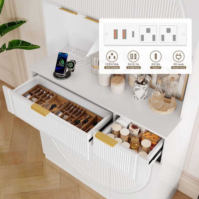 Fluted Kitchen Pantry Storage Cabinet with Microwave Stand, Outlets, Ample Space for Small Kitchens, Apartments & Home Offices