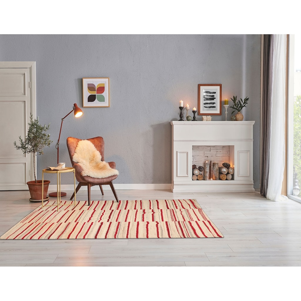 LoomBloom Contemporary Stripes Wool Beige Hand Woven Oriental Area Rug - 5' 3'' x 7' 7''