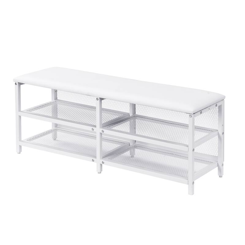 Twin size Metal Platform Bed with Wooden Cabinet, Two-Tier Shelves And Cushioned Footrest