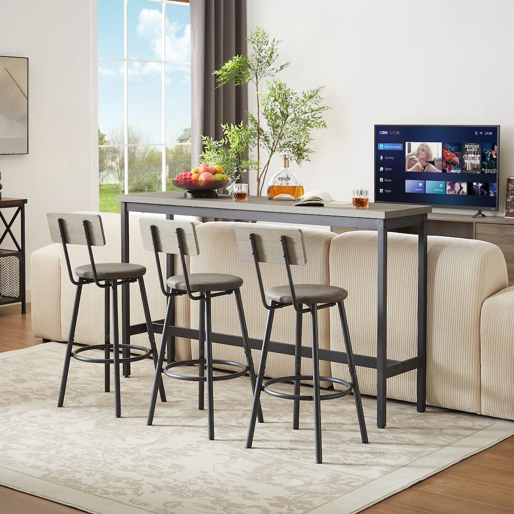Long Bar Table Set with 3 PU Upholstered Bar Stools, Industrial Bar Table and Chairs for Kitchen Breakfast Table, Living Room