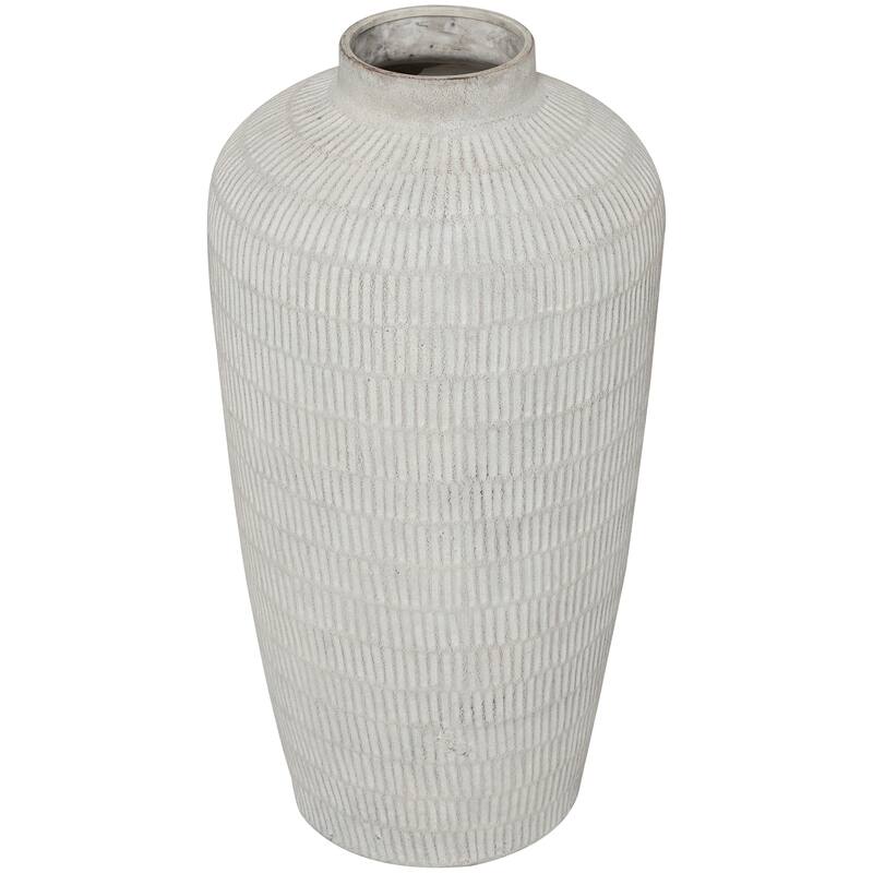 Cream Ceramic Textured Decorative Vase with Linear Pattern - 12"W, 23"H