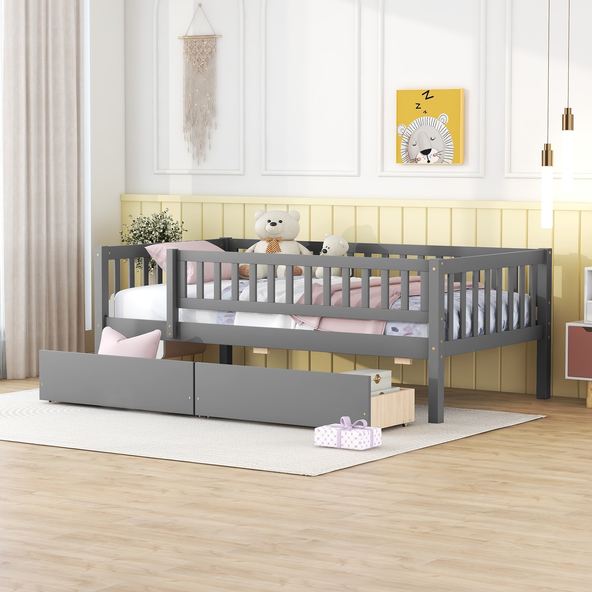 Multi-functional Twin Size Wooden Daybed,Wood Bed Frame with 2 Storage Drawers,Legs,Wide Boards