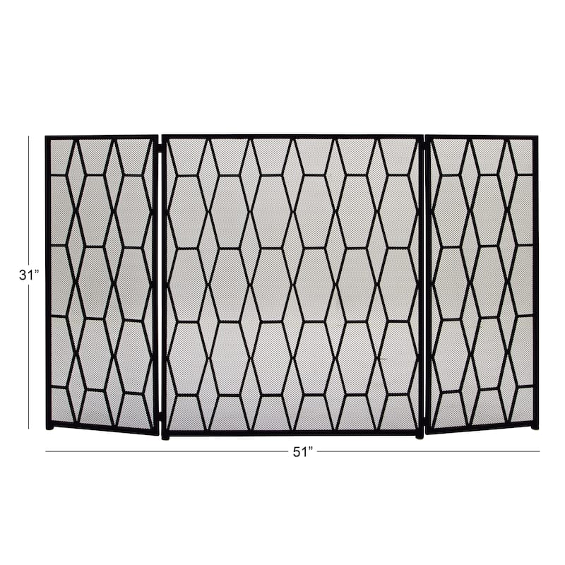 Metal Geometric Foldable 3 Panel Fireplace Screen with Mesh Netting - Black - Roche River Decor - 1"W x 51"L x 31"H