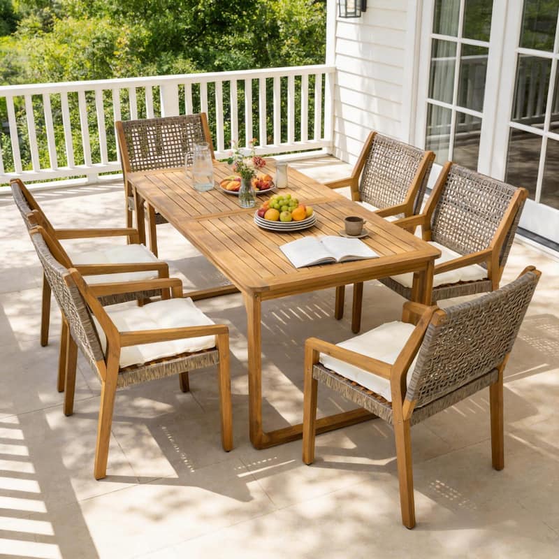 Christopher Knight Home - Ronan Outdoor Acacia Wood Dining Set with Wicker Back Chairs & Curved Leg Dining Table, Teak Finish - 7-Piece Set-Brown+Cream