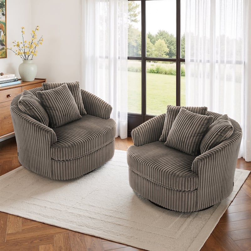 Oversized 43" W Plush Corduroy Slipcovered Swivel Barrel Chair with Pillows Set of 2