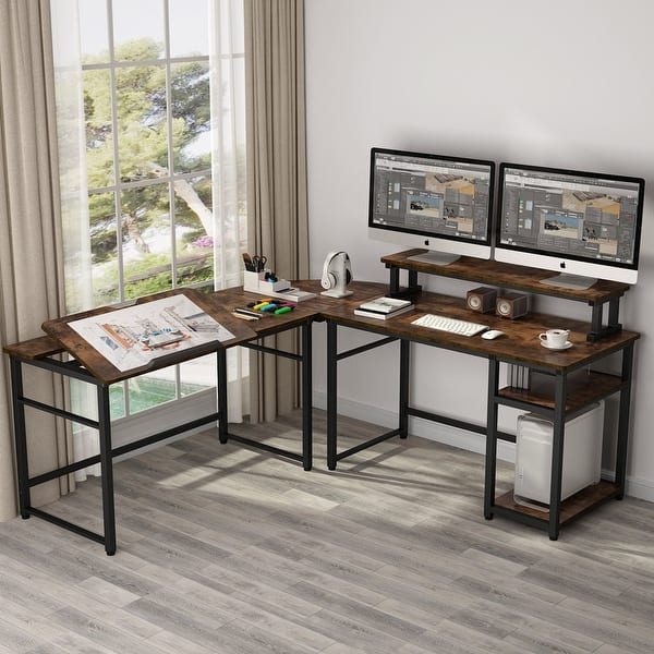 L Shaped Computer Desk With Monitor Stand Riser On Sale Overstock 30404030