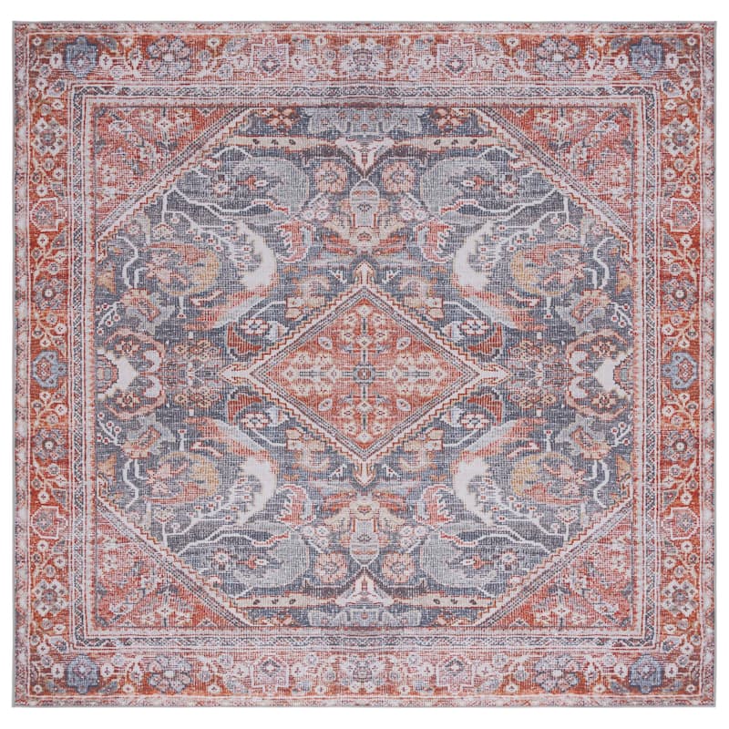 SAFAVIEH Tucson Machine Washable Slip Resistant Urmil Oriental Rug - 6' Square - Grey/Rust