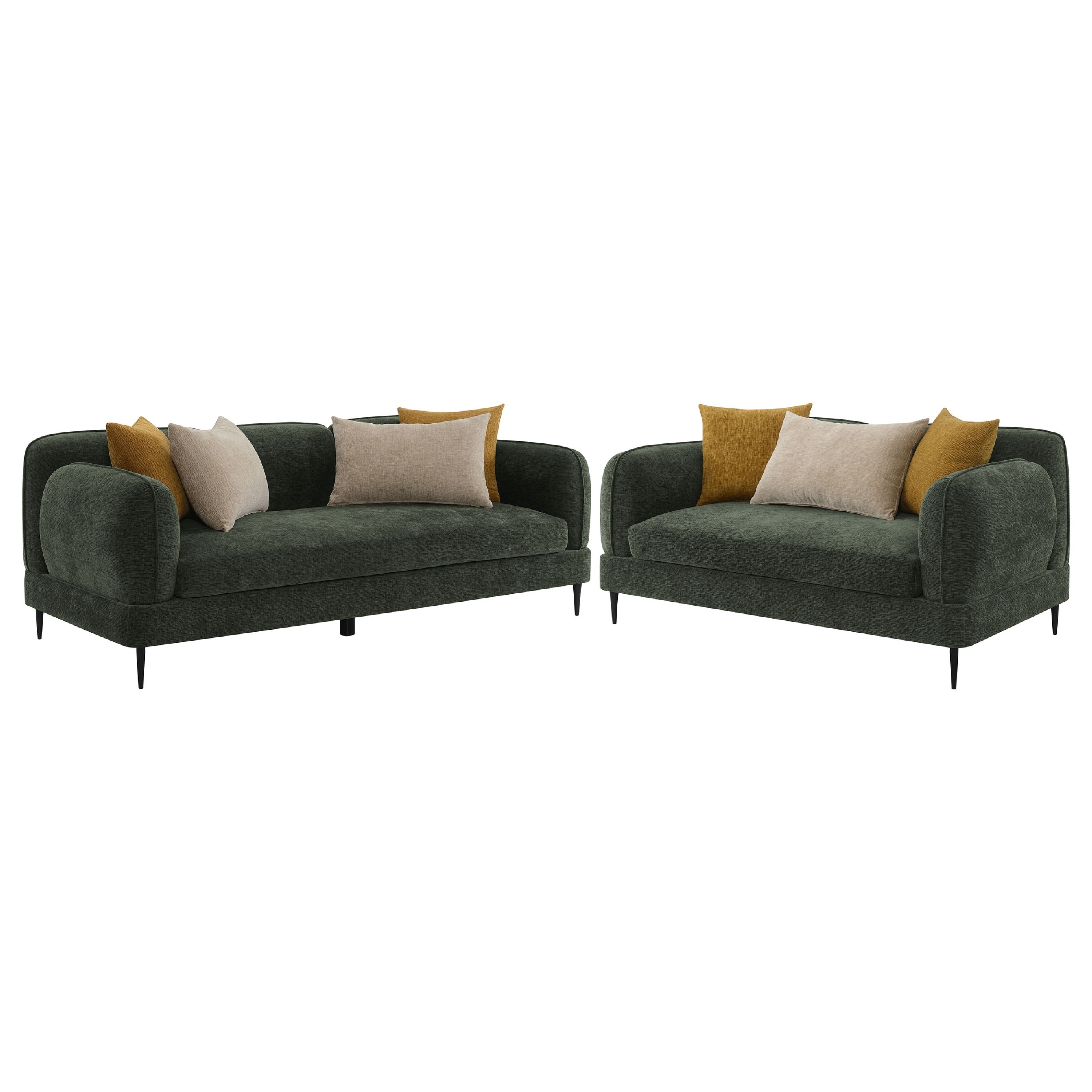 Dija 2pc Sofa Set with 7 Throw Pillows, Slim Metal Legs, Green Chenille