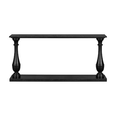 Solid Wood 63 Inches Console Table, Vintage Wood Grain Sofa Table, Narrow Entryway Table with Bottom Shelf and Vase-Leg Design