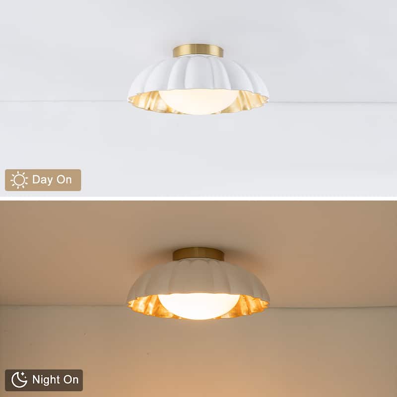 Dome Milky White Shade Flush Mount Ceiling Light with Gold Foil Interior - Dia.13.58-in