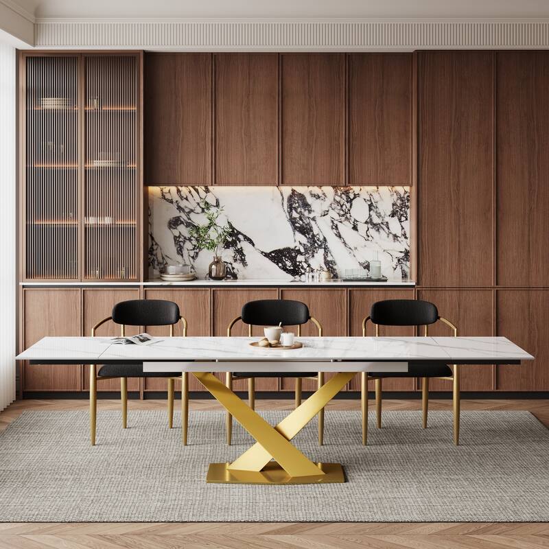 9 - Piece 94.48'' Modern Minimalist Extendable Sintered Stone Top Dining Set with 8 Fabric Chair