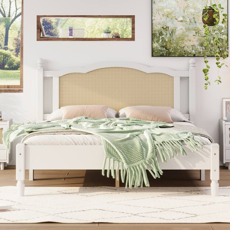 Wooden Platform Bed with Arc Rattan Headboard Bed Frame, Pine Wood Panel Bed, Solid Wood Legs for Bedroom