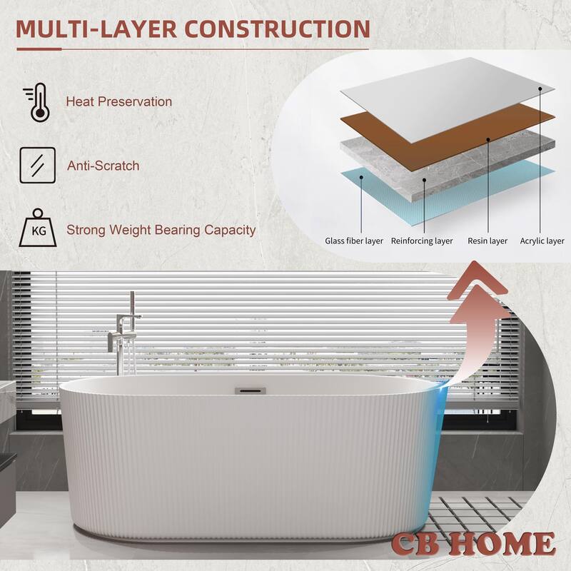CB HOME 59"/67" Acrylic Freestanding Bathtub, Modern Deep Soaking Spa Bathtubs with Solid Surface