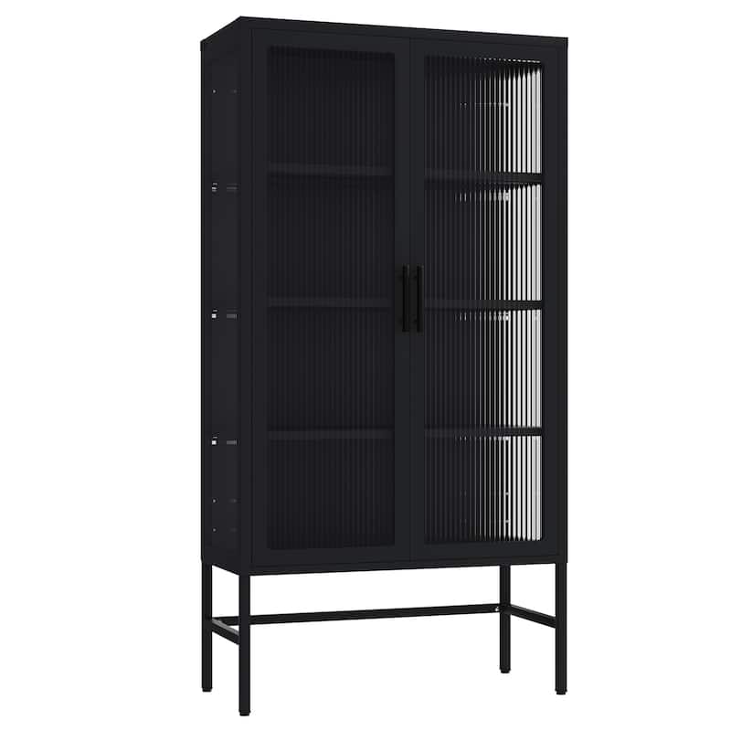 Modern Glass Door Cabinet with Adjustable Shelves Steel Storage Sideboard - Black