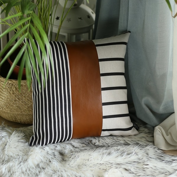 Black & White Stripes Faux Leather Bolster Cushion with Cushion