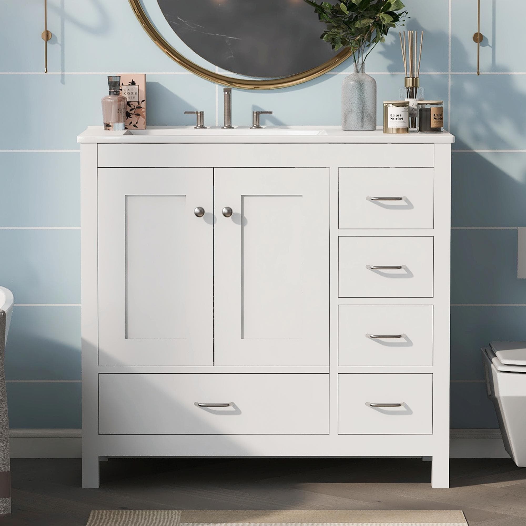36" White Bathroom Vanity with Ceramic Sink Combo, Ample Storage Cabinet - 2 Soft-Close Doors and 5 Drawers