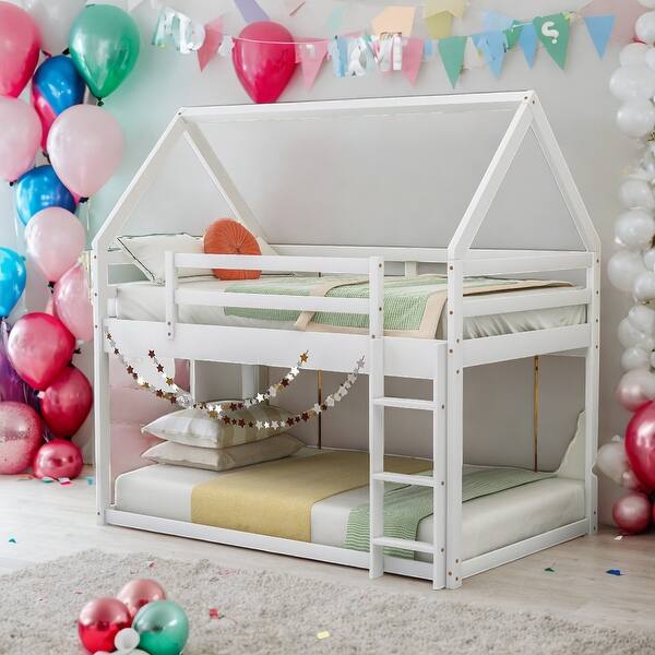 slide 2 of 9, Twin over Twin Low Bunk Bed, House Bed with Ladder White