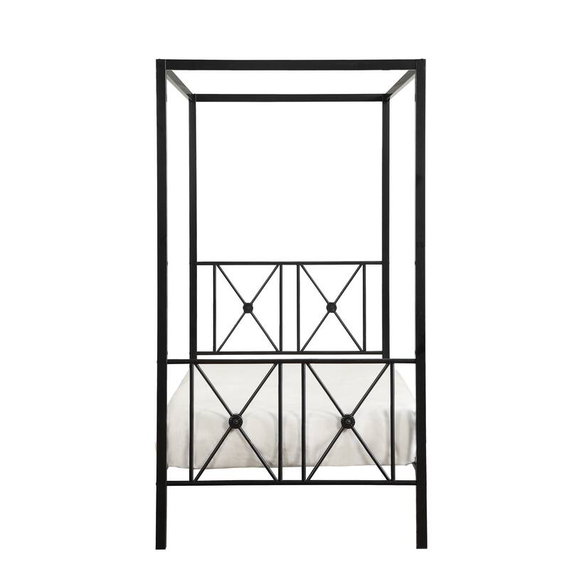 Twin/Queen Size Metal Canopy Platform Bed Frame with Double X-Framing, Black Finish, and Medallion Accents.