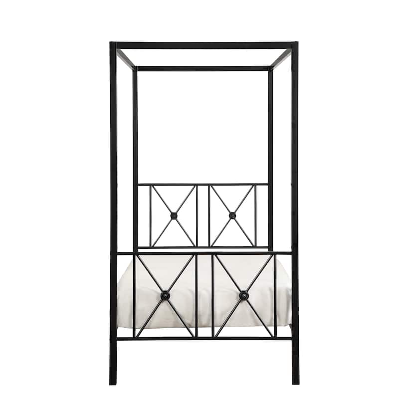 Twin Size Metal Canopy Bed with X-Frame Design and Platform Base - Black