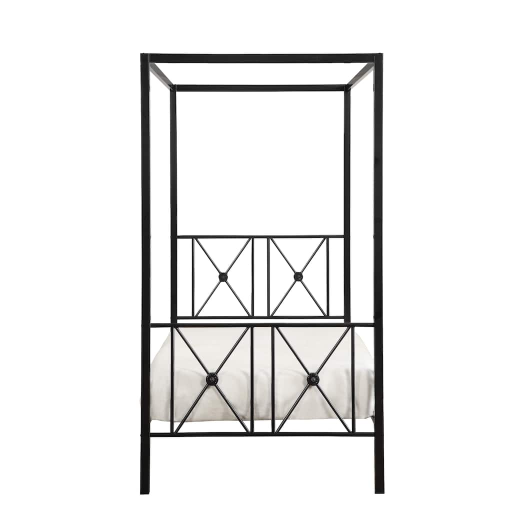 Twin Size Metal Canopy Bed with X-Frame Design and Platform Base