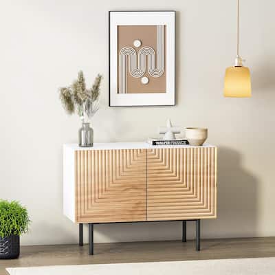 Roomfitters Mid Century Buffet Cabinet, Free Standing Accent Cabinet with Doors, Poplar Wood Print Carved and Geometric Design