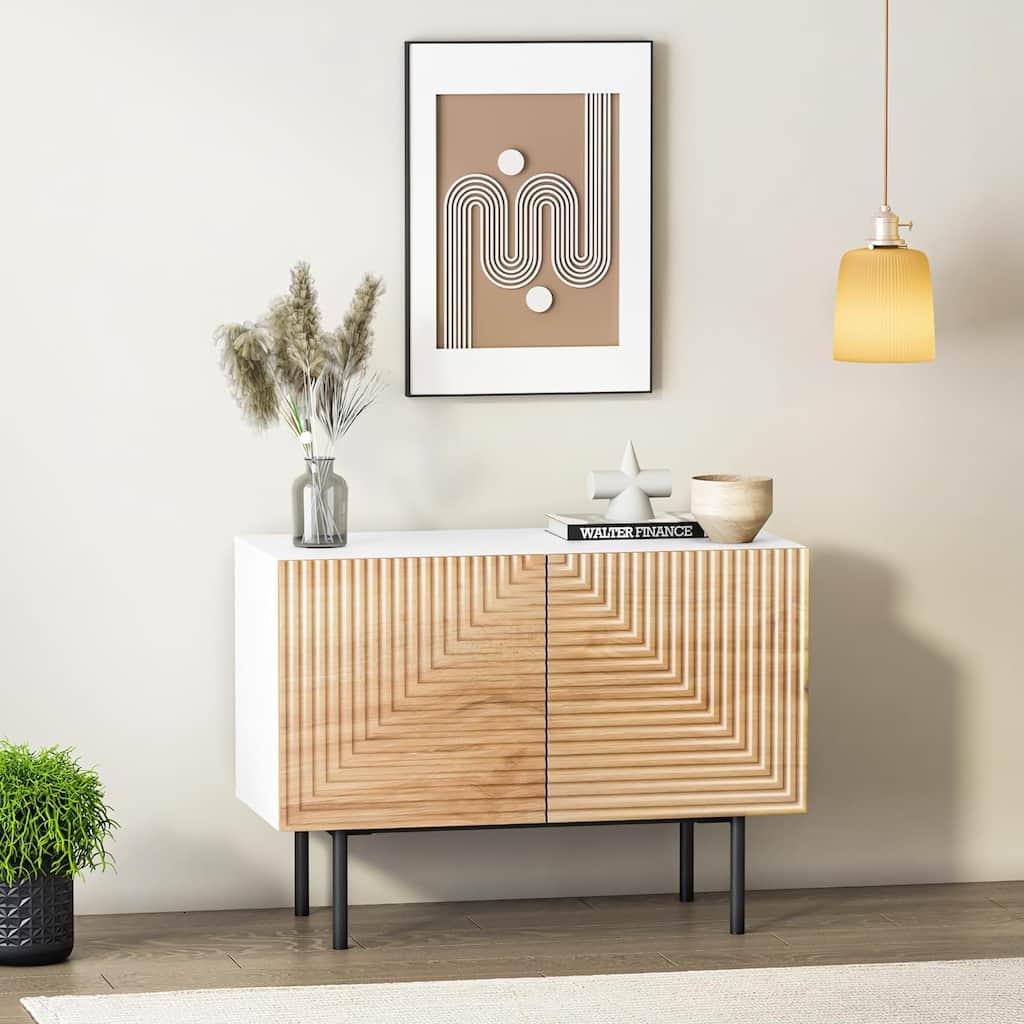 Roomfitters Mid Century Buffet Cabinet, Free Standing Accent Cabinet with Doors, Poplar Wood Print Carved and Geometric Design