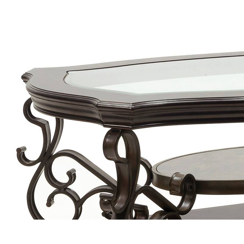Elegant 52" Traditional Cocktail Table with Beveled Glass Top and Marble Paper Shelf