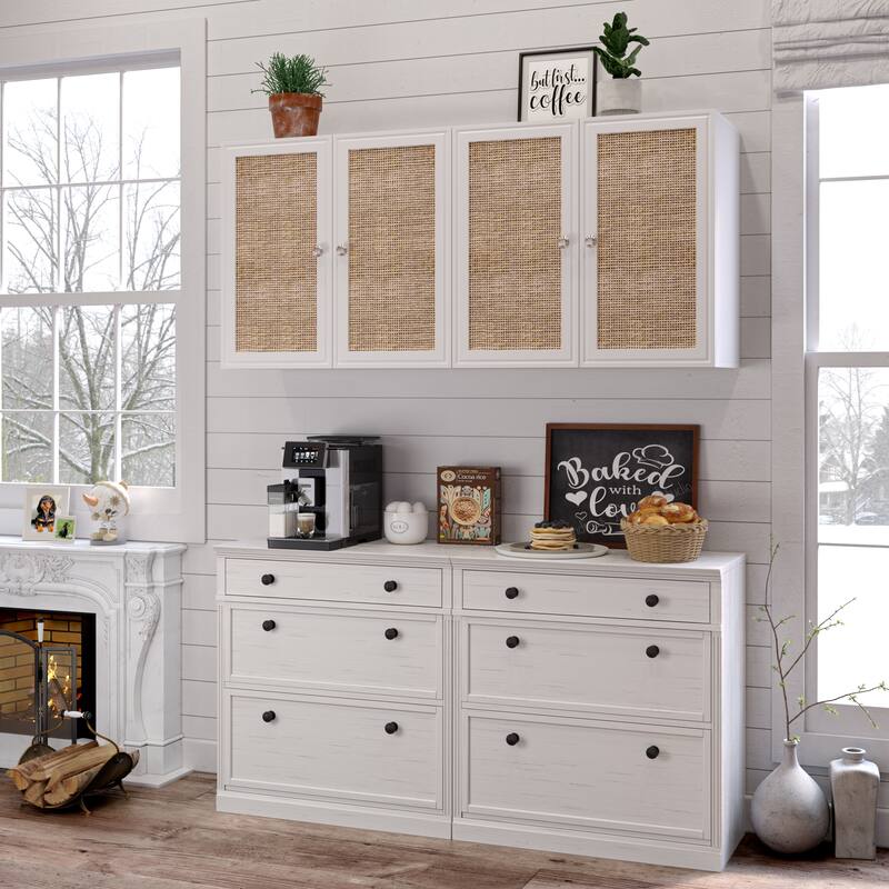 Rattan Wall Cabinets with Adjustable Shelf and LED Light Set of 2