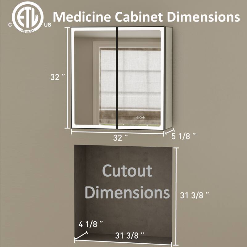 Grand Aluminum Medicine Cabinet with Mirror, Adjustable Shelves, Dimmable Light, Anti-Fog, Recessed or Wall Mount