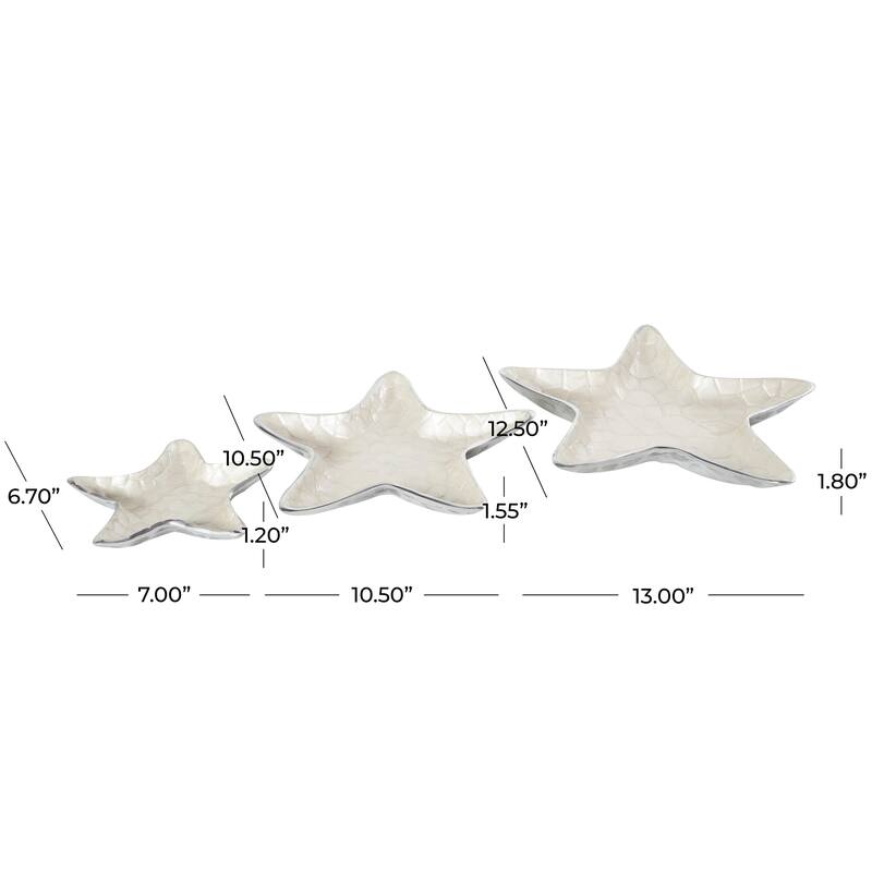 White or Teal Aluminum Metal Handmade Textured Enameled Starfish Decorative Bowl with Silver Base (Set of 3)