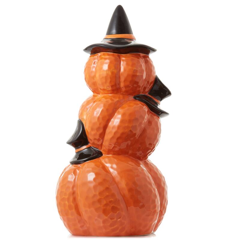 PreLit Ceramic Halloween Stacked Pumpkins HandPainted Tabletop Decor