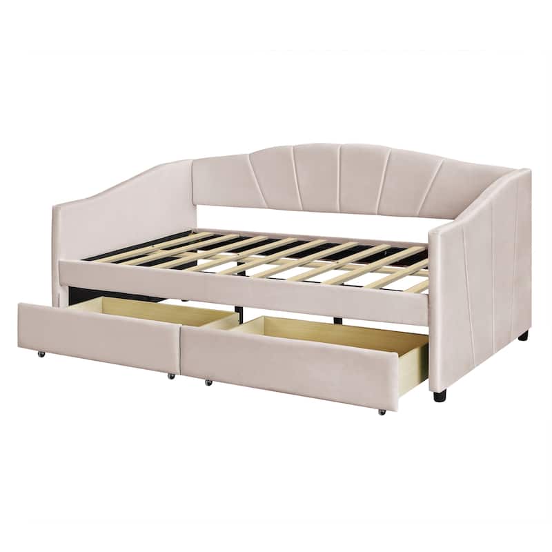 Beige Velvet Upholstered Twin Size Daybed, Two Drawers, Elegant Design