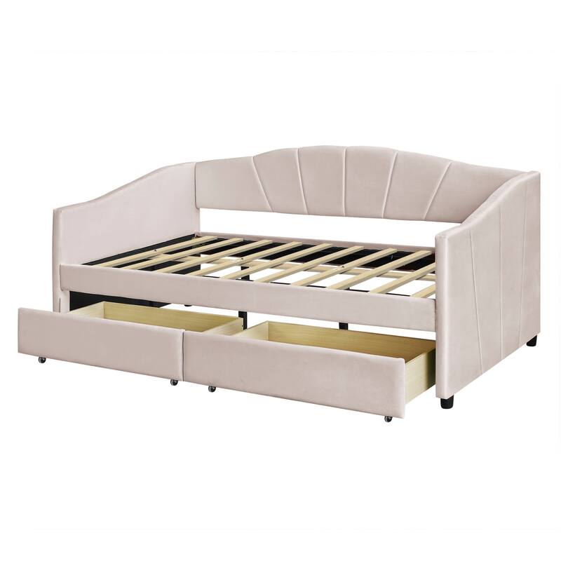 Twin Size Daybed Frame Rays Pattern Design Velvet Upholstered Daybed with 2 Drawers or Trundle, Wood Slat Support
