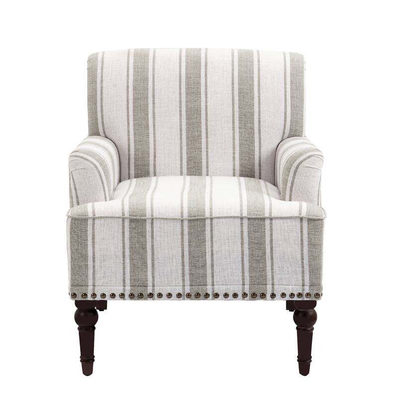 Set 2 Striped Upholstered Linen Armchair with Brass Nailhead Trim