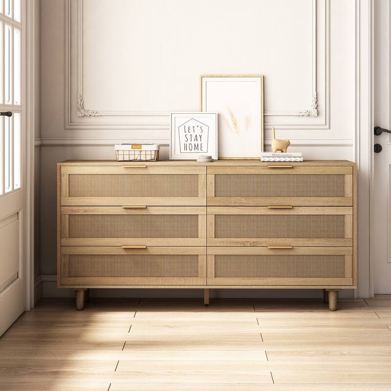 Modern 6 drawers Rattan dresser Rattan Drawer - Natural-59.06"(L)*15.75"(W)*29.53(H)