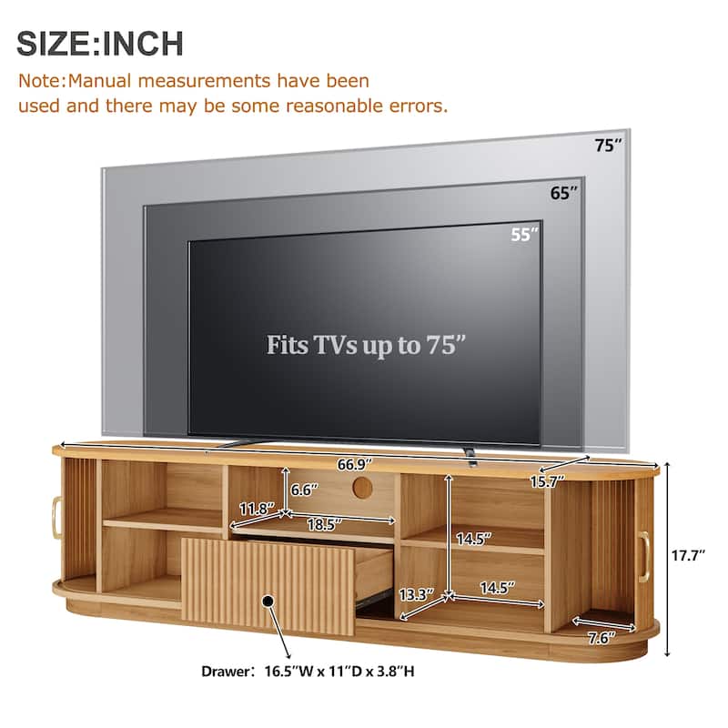 Vintage TV Stand with Sliding Wood Slatted Doors for TVs up to 75", with Drawer, Wood Grain Media Console with Cable Management