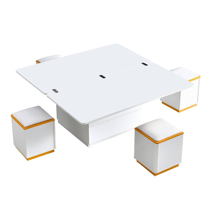 Lift-Top Coffee Table with 4 Storage Stools, Center Table with Foldable Top, Multi-Functional Adjustable Coffee Table