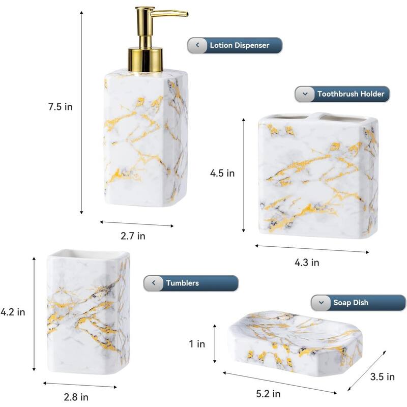 4-Piece Bathroom Accessories Set, Lotion Dispenser, Toothbrush Holder and Soap Dish, Glossy Finish (Black and White)